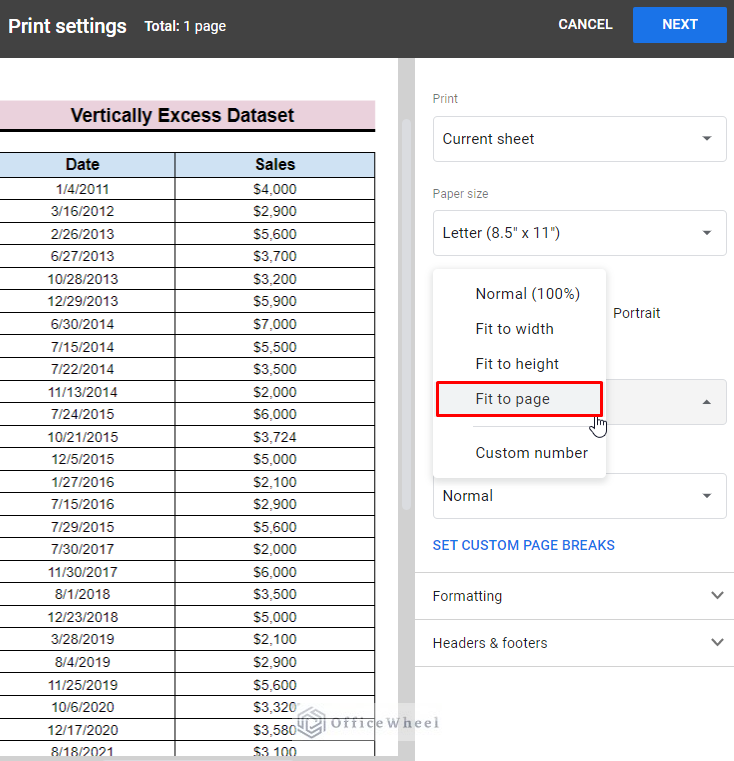 select fit to page option for printing the google sheets